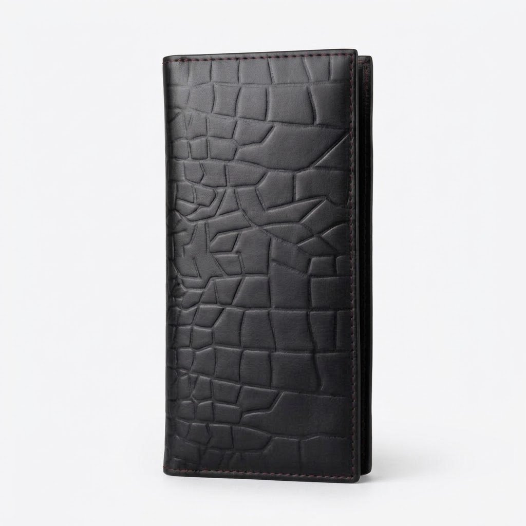 Men's Black Crocodile Textured Long Leather Wallet